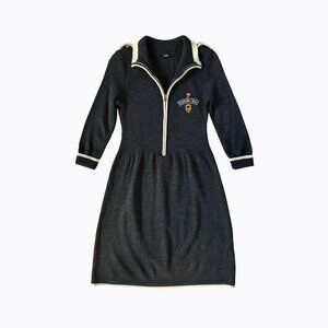 Vintage Knit Charcoal Sweater Dress XS Forum 1981 Military Patch Pins 3/4 Sleeve